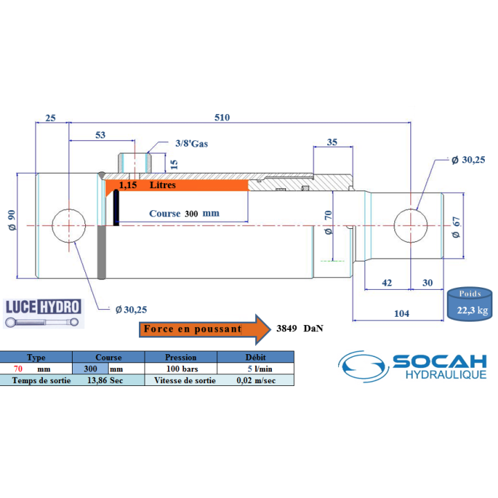 Vérin Simple effet standard Ø70 Course 300