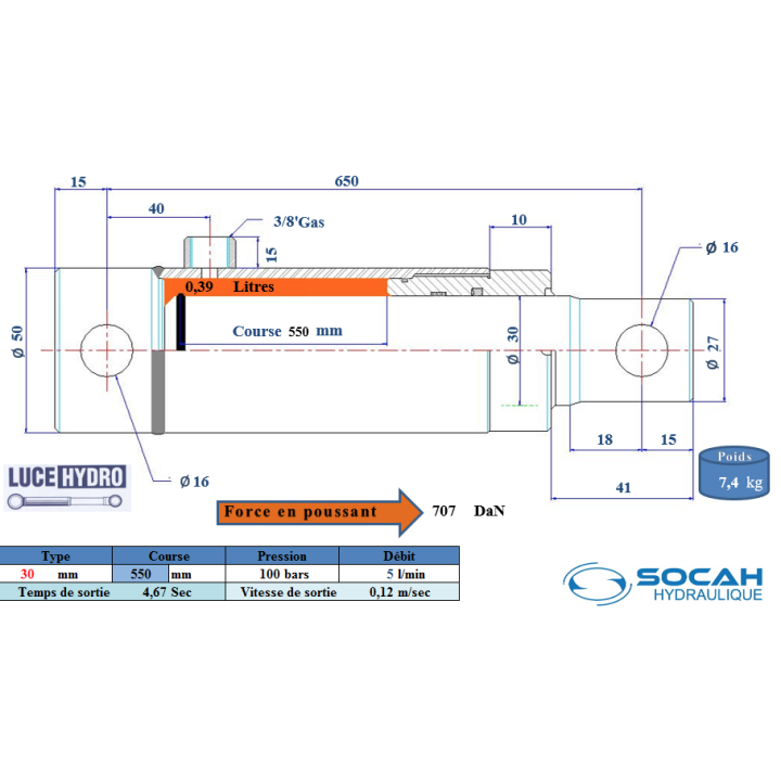 Vérin Simple effet standard Ø30 Course 550