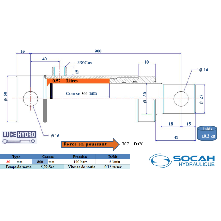 Vérin Simple effet standard Ø30 Course 800