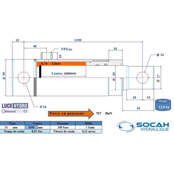 Vérin Simple effet standard Ø30 Course 1050