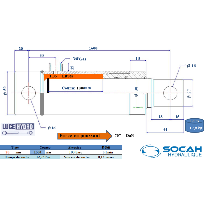 Vérin Simple effet standard Ø30 Course 1500