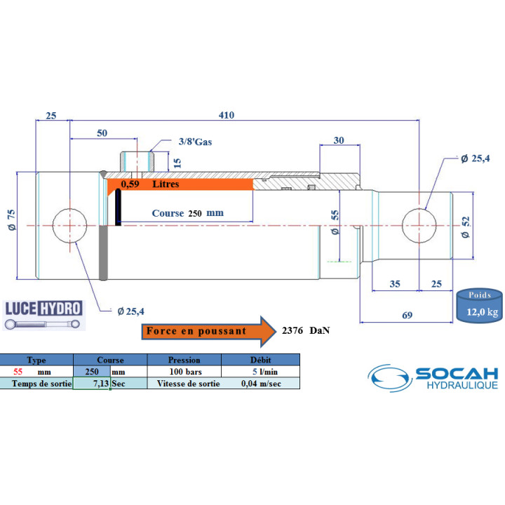 Vérin Simple effet standard Ø55 Course 250