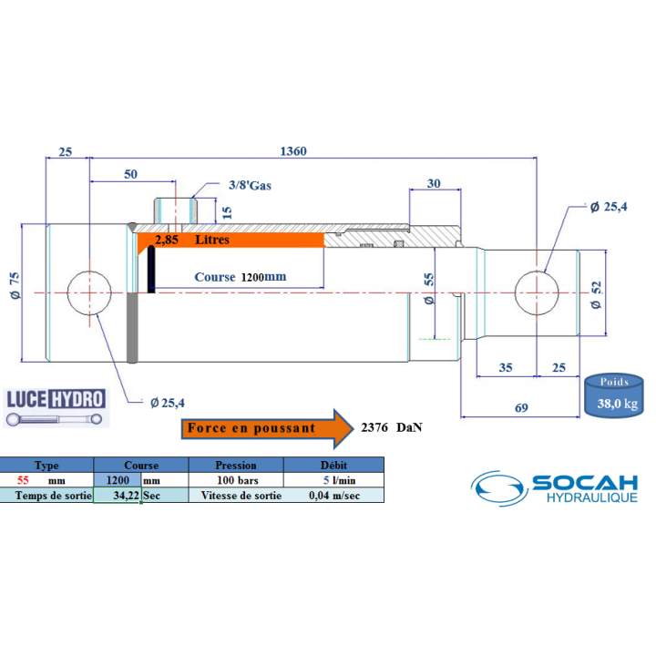 Vérin Simple effet standard Ø55 Course 1200